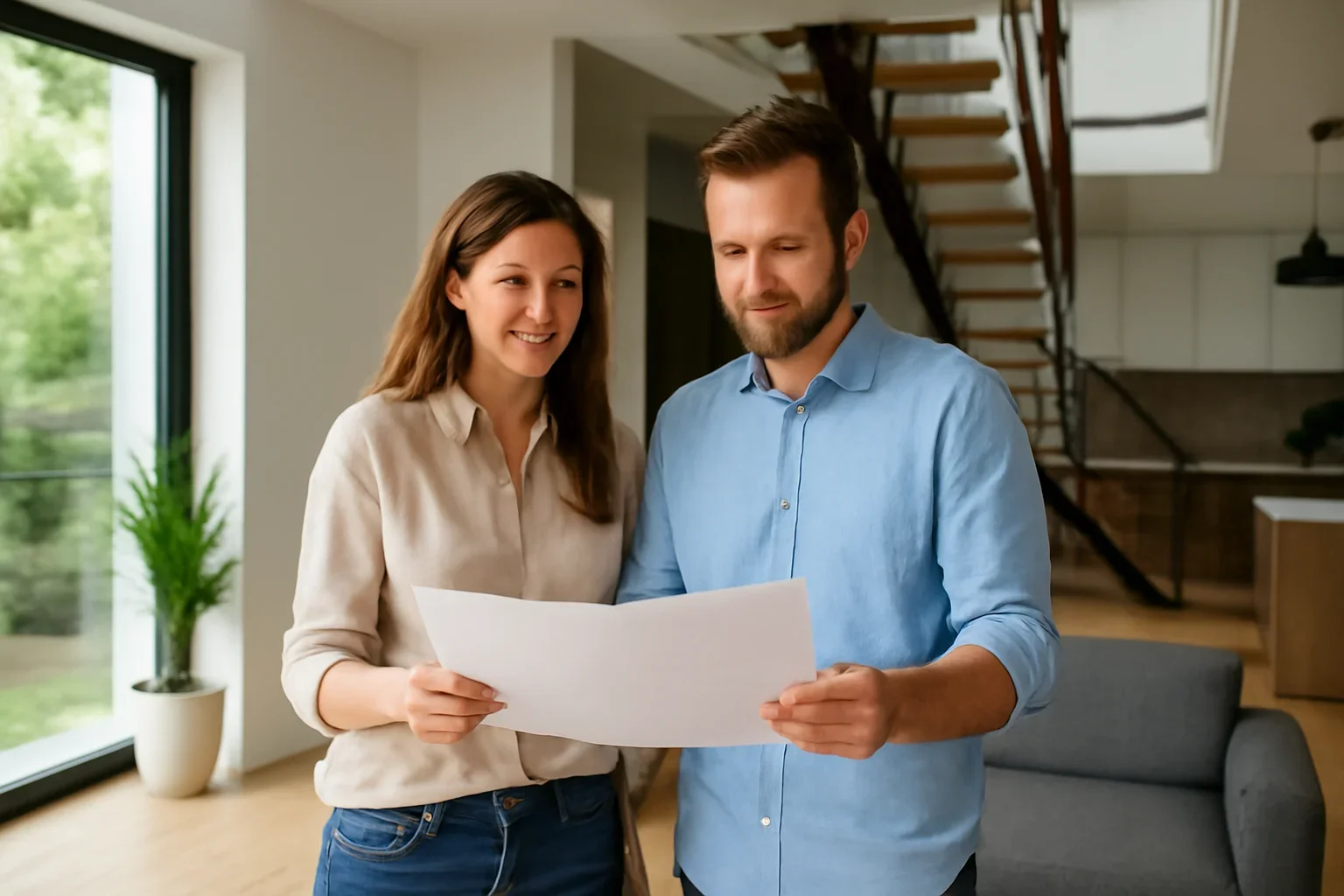 Homeowners reviewing pve alternative in a modern multi-story home