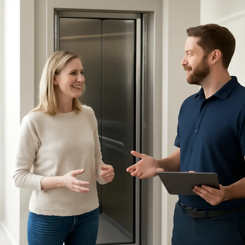 Homeowner discussing next steps for how home elevators work
