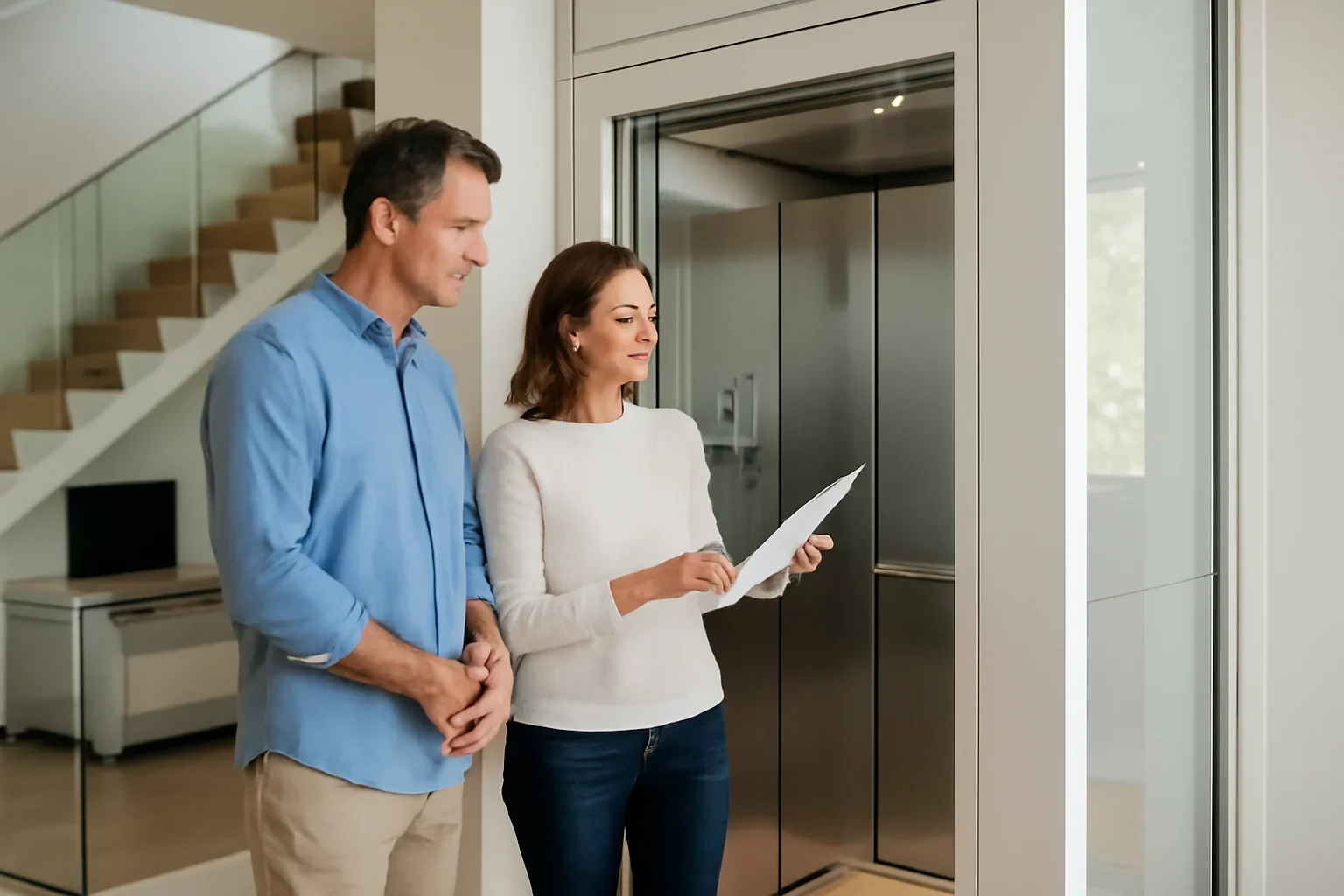 Homeowners reviewing how home elevators work in a modern multi-story home