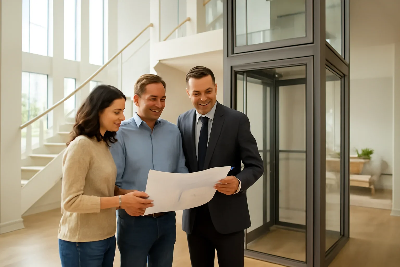 Homeowners reviewing a home elevator consultation in a modern multi-story home