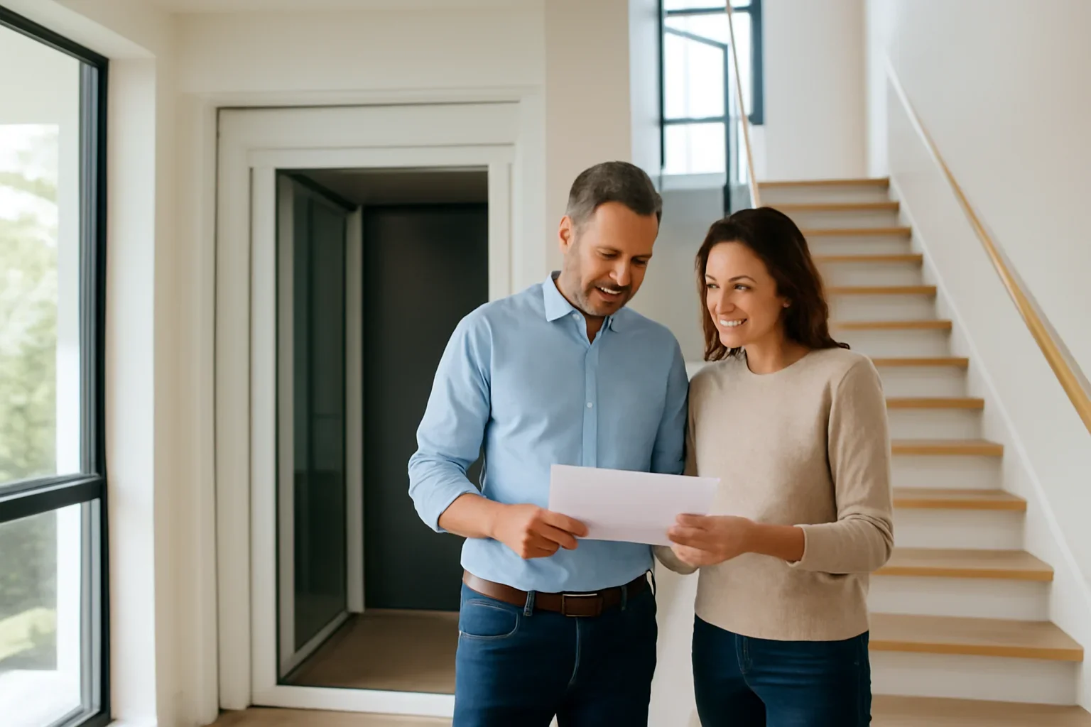Homeowners reviewing home elevator buying questions in a modern multi-story home