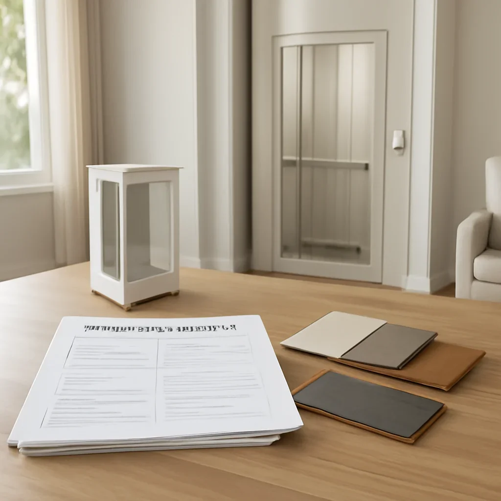 Project planning documents and finish samples for home elevator buying questions