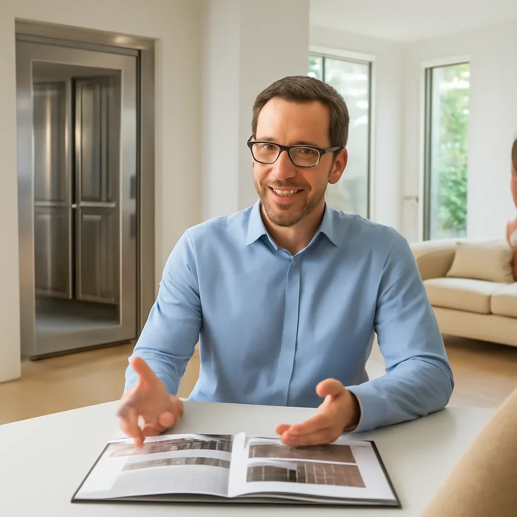 Homeowner discussing next steps for home elevator feature comparisons