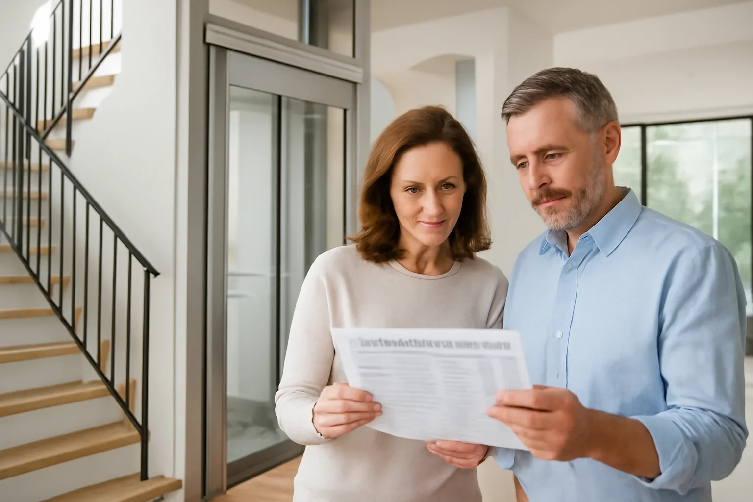 Homeowners reviewing home elevator feature comparisons in a modern multi-story home