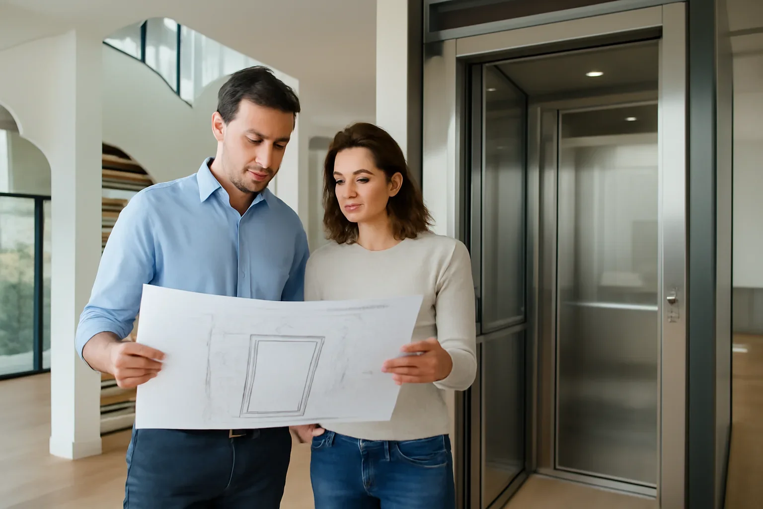 Homeowners reviewing home elevator dimensions in a modern multi-story home
