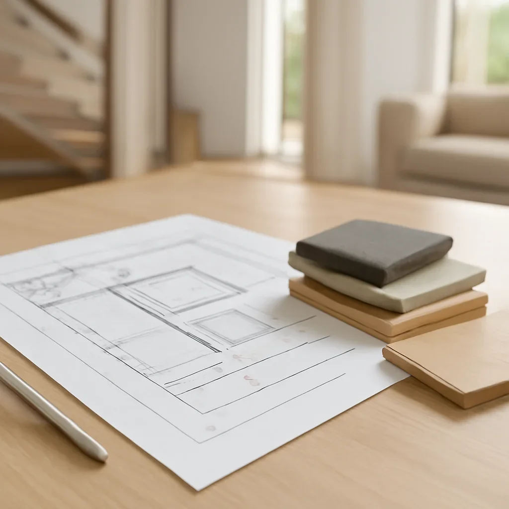 Project planning documents and finish samples for home elevator dimensions