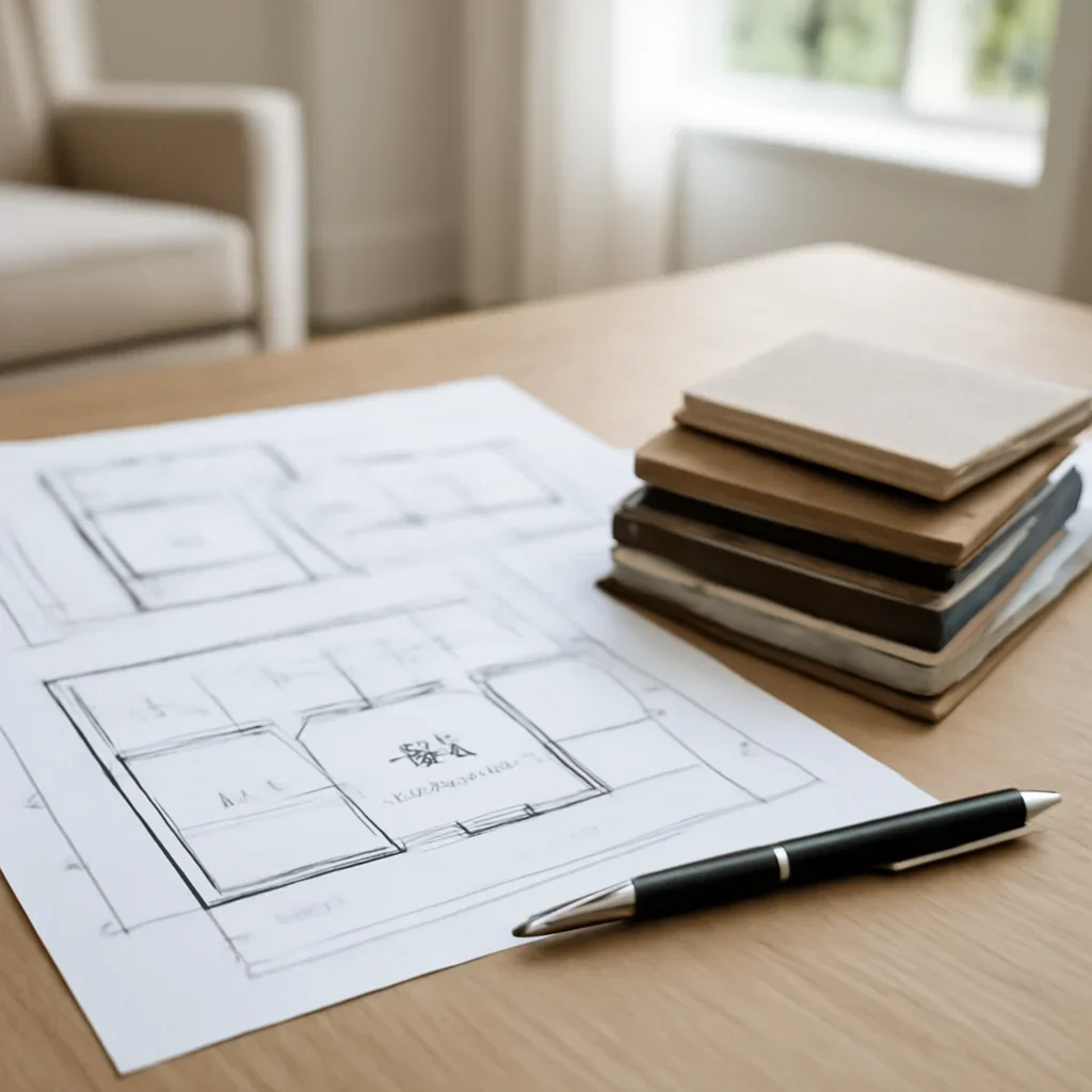 Project planning documents and finish samples for home elevator feature comparisons