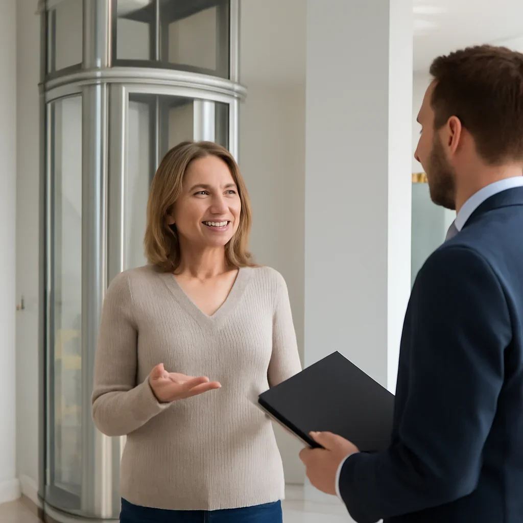 Homeowner discussing next steps for vacuum home elevators