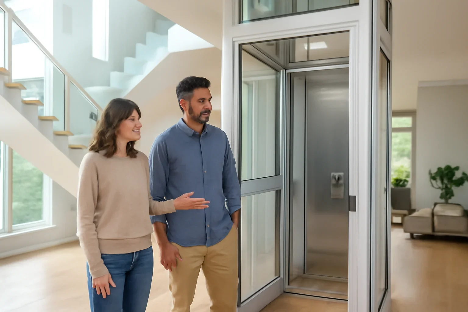 Homeowners reviewing vacuum home elevators in a modern multi-story home