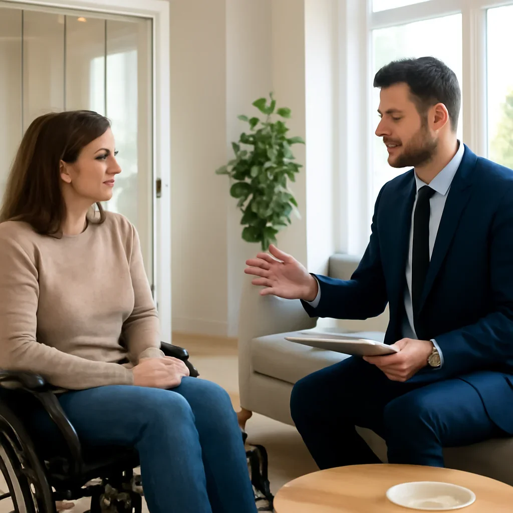 Homeowner discussing next steps for wheelchair accessible home elevators