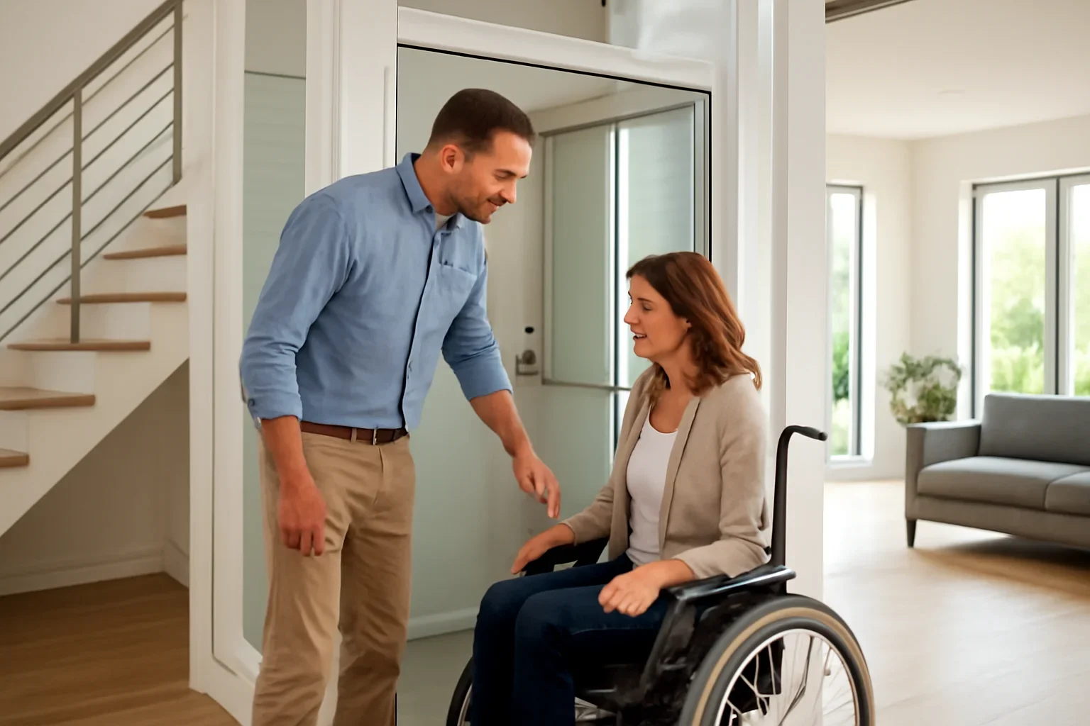 Homeowners reviewing wheelchair accessible home elevators in a modern multi-story home