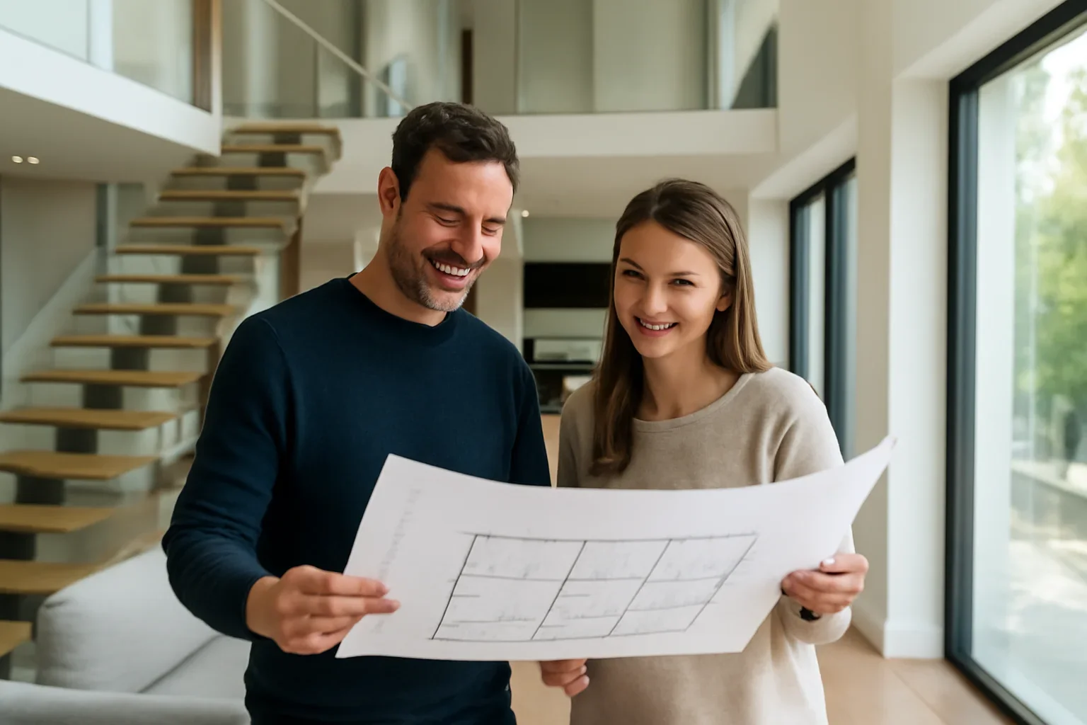 Homeowners reviewing architect integration in a modern multi-story home