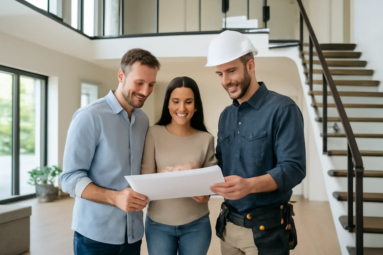 Homeowners reviewing general contractor integration in a modern multi-story home