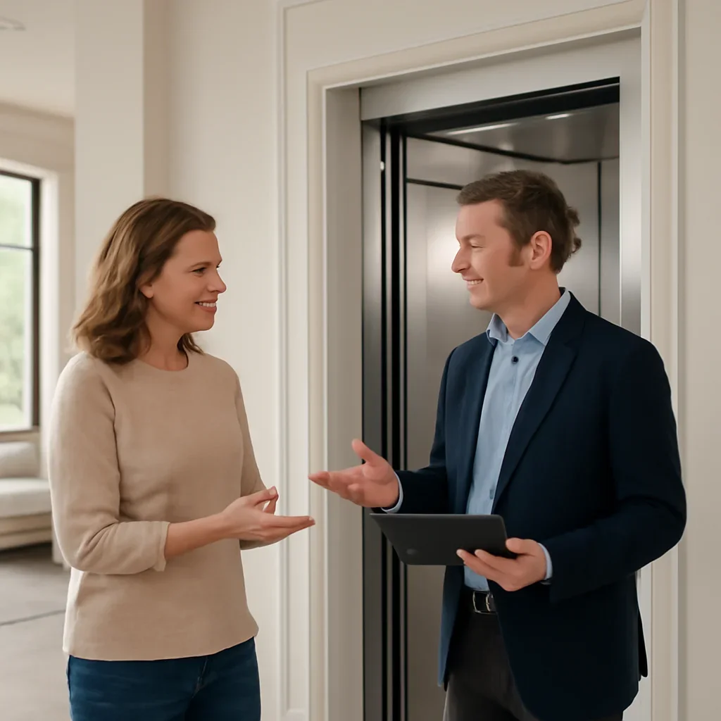 Homeowner discussing next steps for a residential elevator project in Dallas, TX