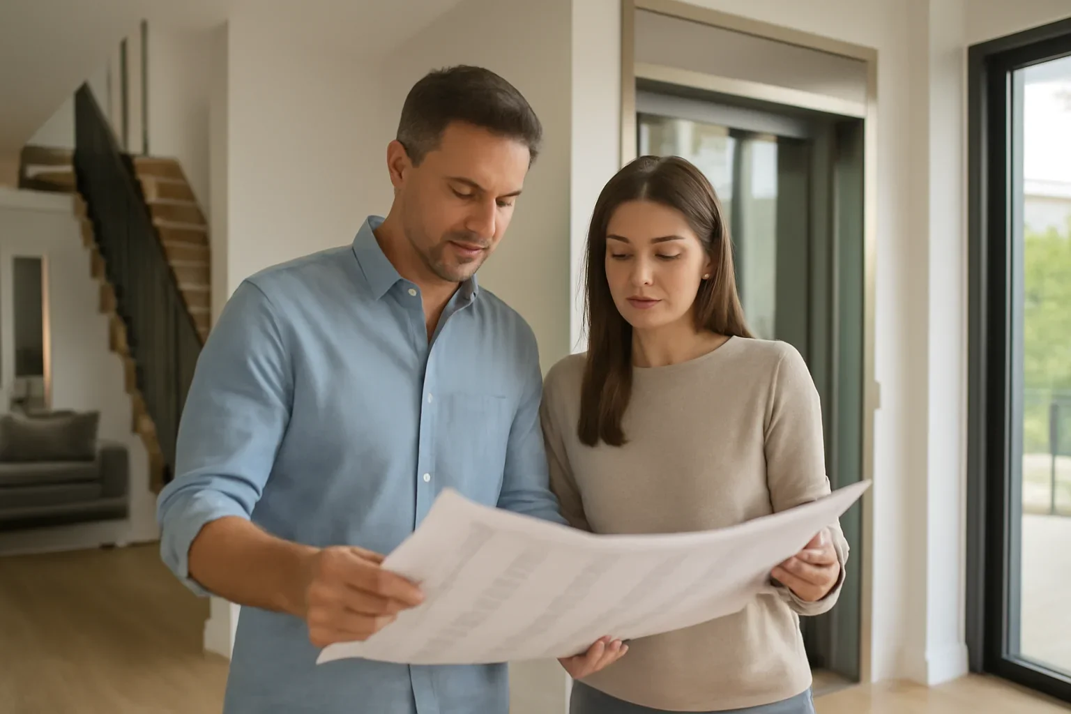Homeowners reviewing local home elevator planning in a modern multi-story home