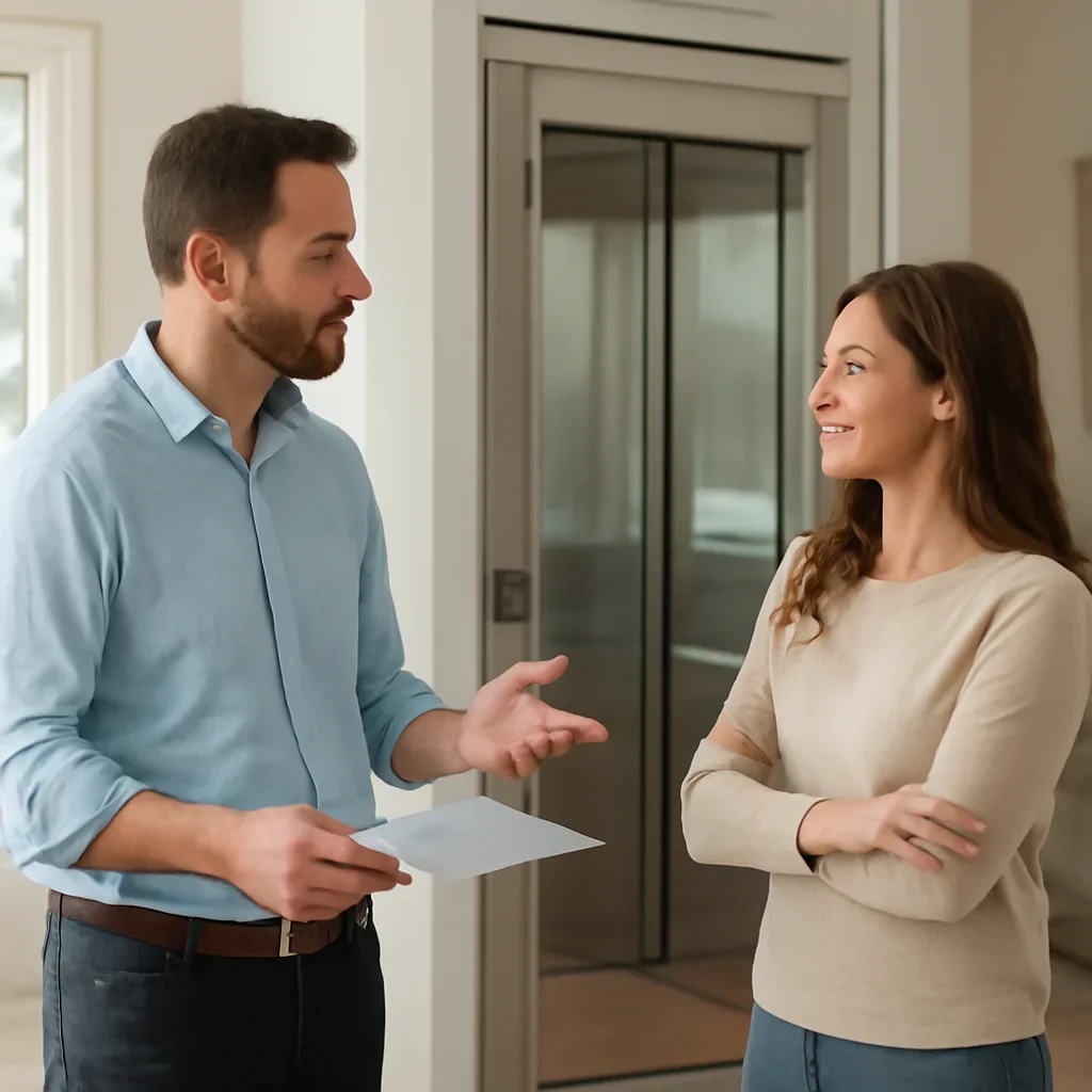 Homeowner discussing next steps for a residential elevator project across Minnesota