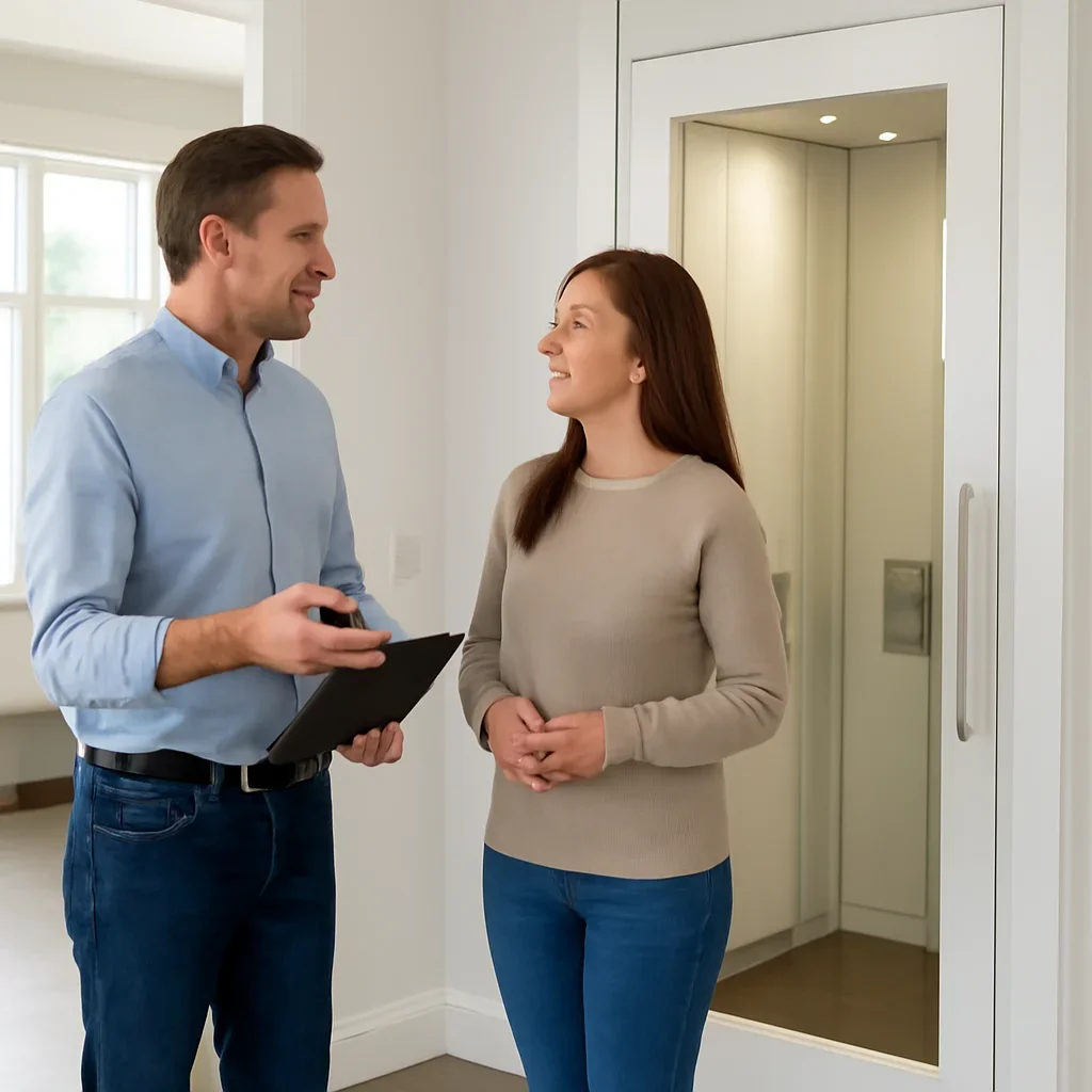 Homeowner discussing next steps for a residential elevator project across North Carolina