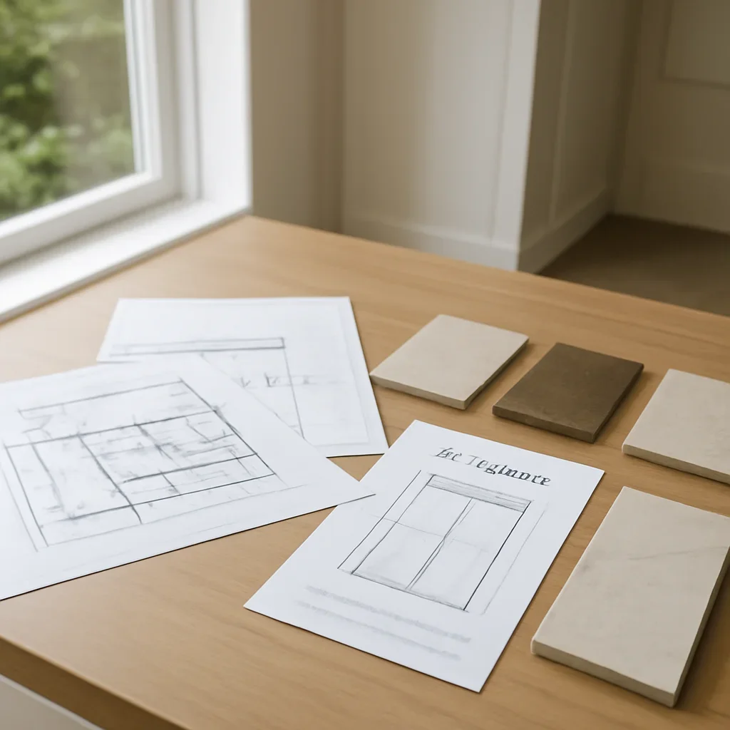 Project planning documents and finish samples for local home elevator planning