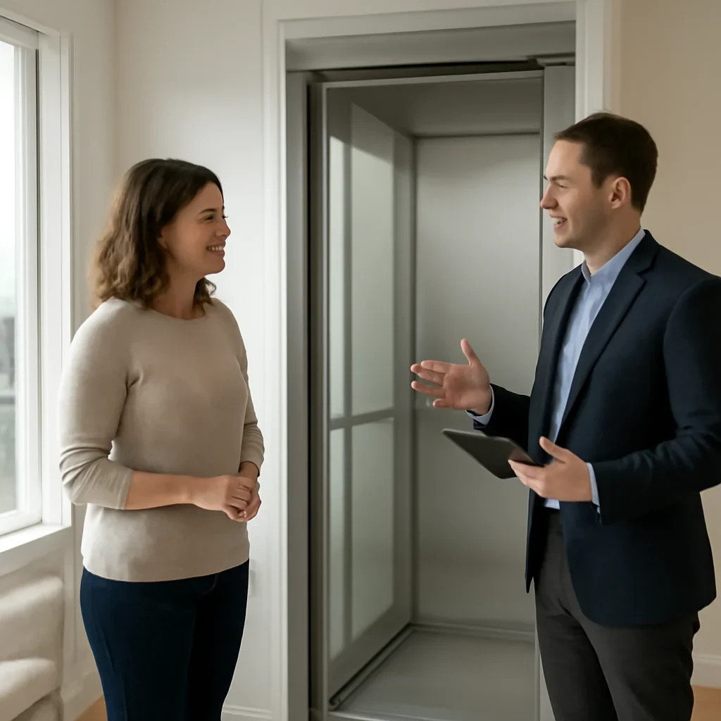Homeowner discussing next steps for a residential elevator project in Seattle, WA