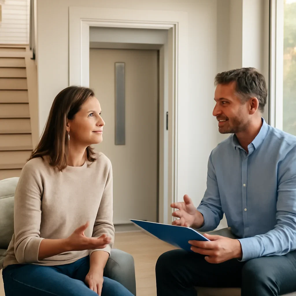 Homeowner discussing next steps for a residential elevator project across Virginia