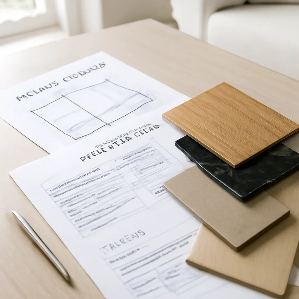 Project planning documents and finish samples for home elevator pricing options