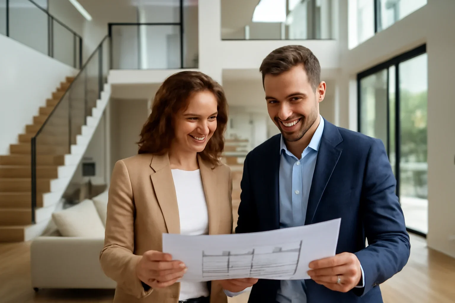 Homeowners reviewing luxury homes in a modern multi-story home
