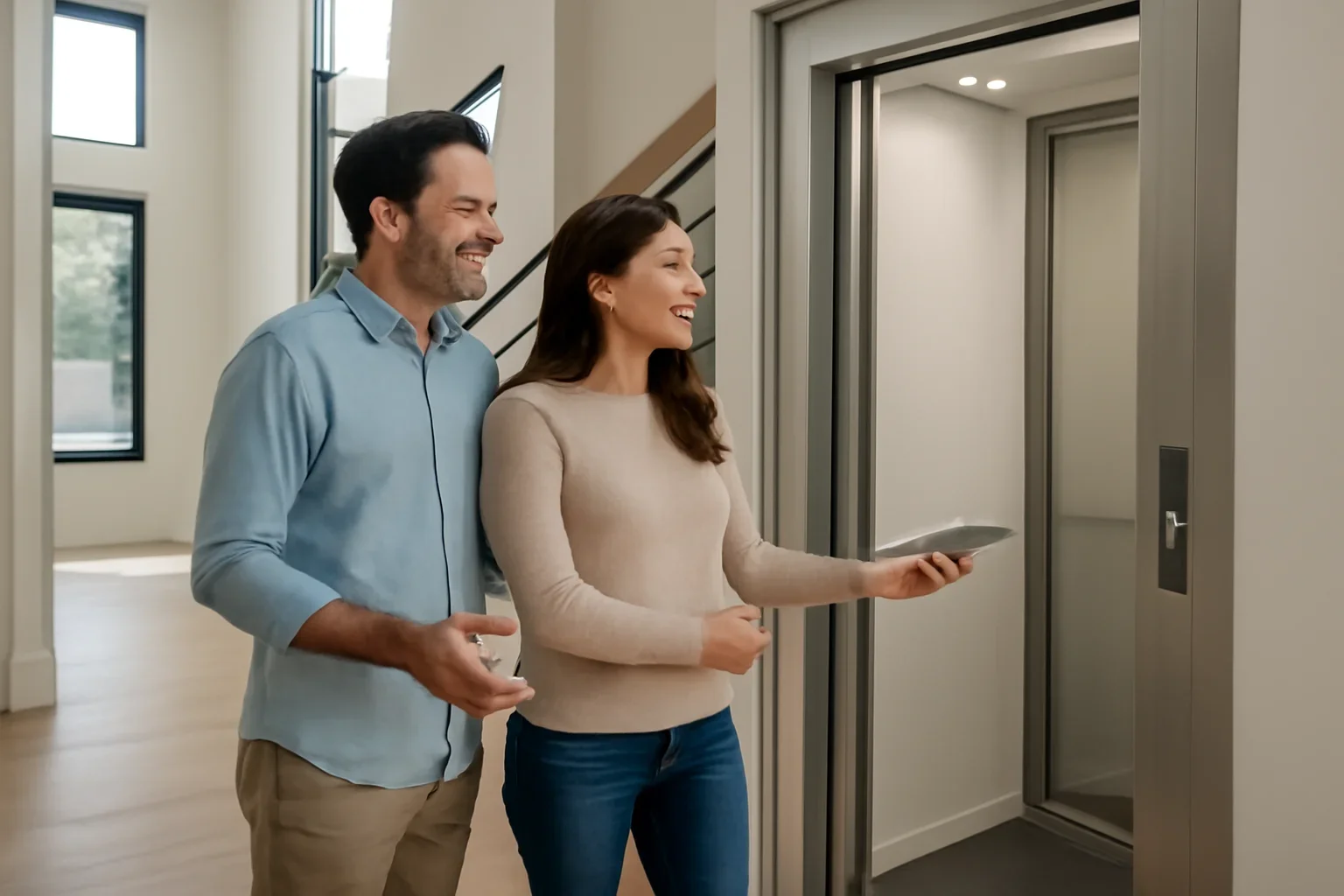 Homeowners reviewing new construction home elevators in a modern multi-story home