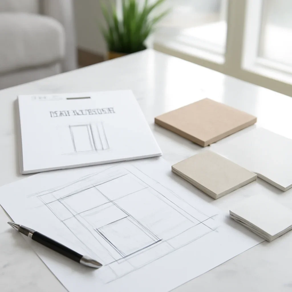 Project planning documents and finish samples for new construction home elevators