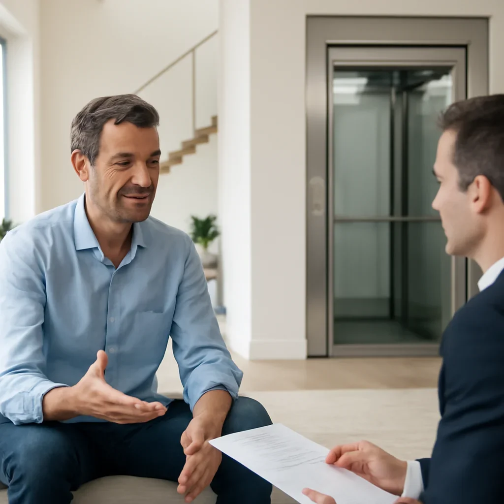Homeowner discussing next steps for best home elevators