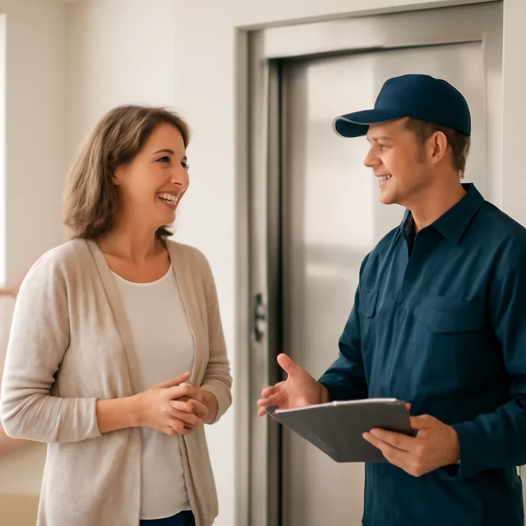 Homeowner discussing next steps for home elevator maintenance