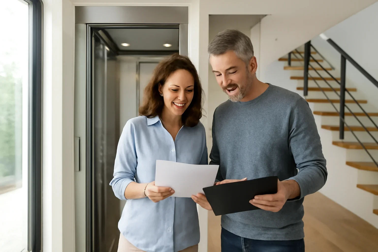 Homeowners reviewing home elevator maintenance in a modern multi-story home
