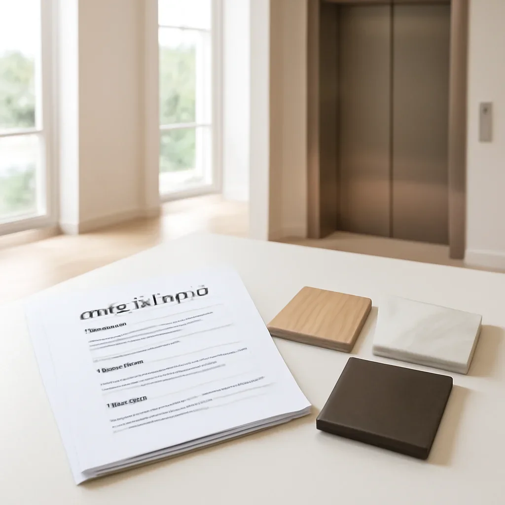 Project planning documents and finish samples for home elevator maintenance