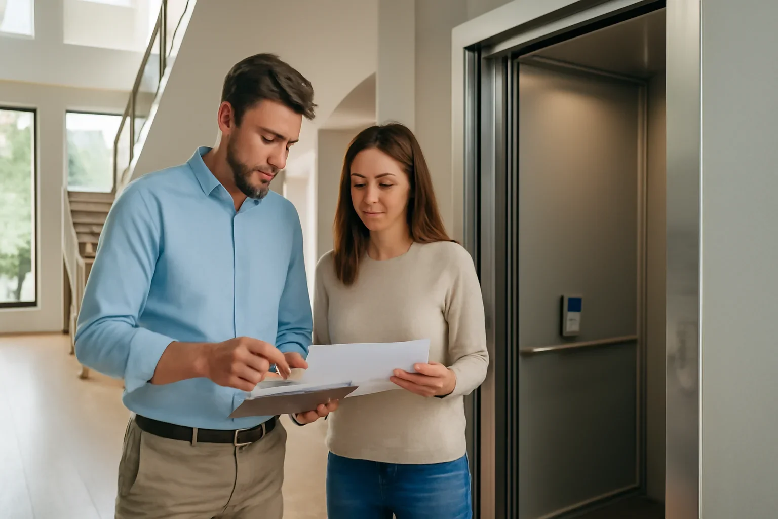 Homeowners reviewing home elevator repair in a modern multi-story home