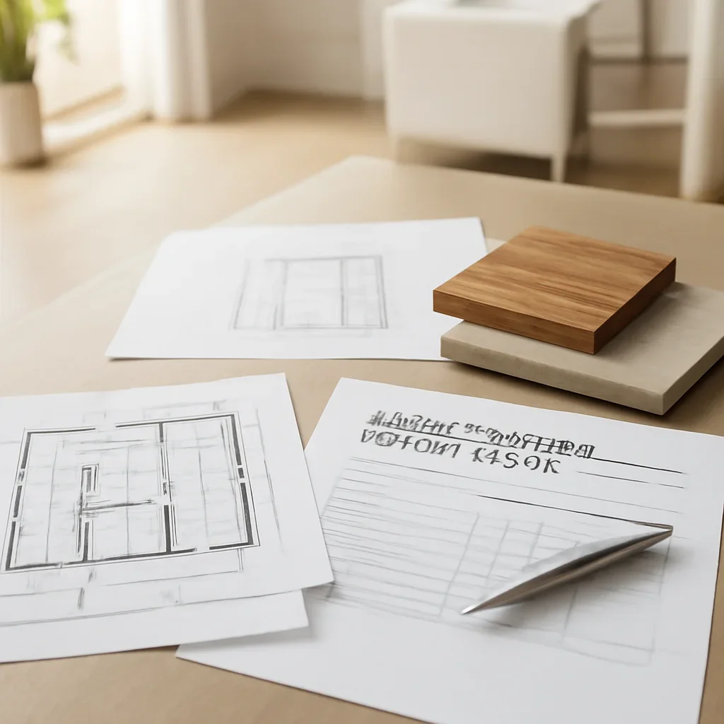 Project planning documents and finish samples for home elevator repair