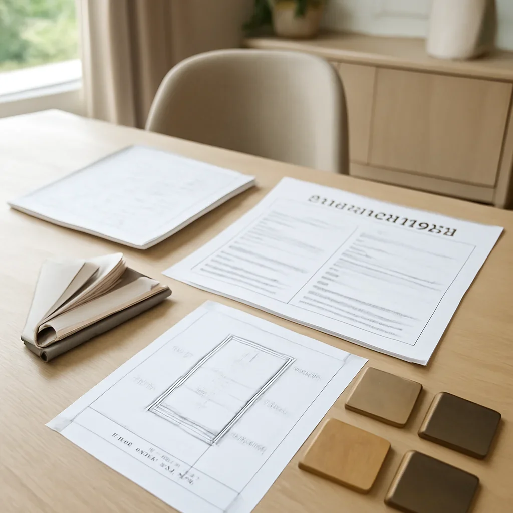 Project planning documents and finish samples for home elevators for sale